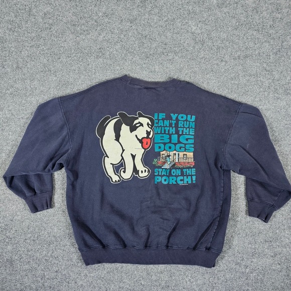 Vintage 1994 Big Dogs Graphic Sweatshirt Blue "Stay On The Porch" Men Small Flaw - Picture 1 of 8